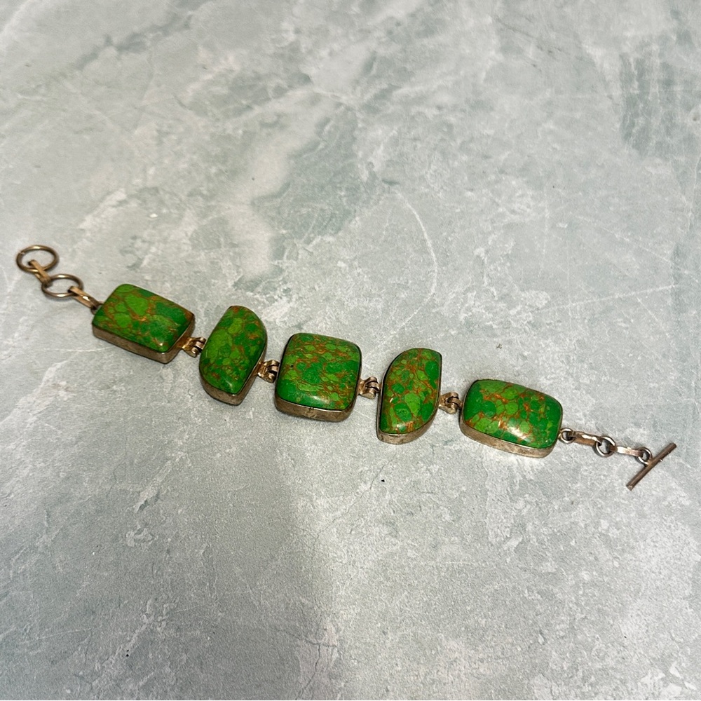 Green Turquoise Stone chunky bracelet with .925 silver hardware